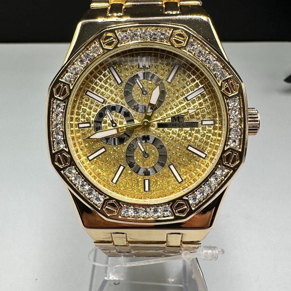 Montres Carlo Watch Men Gold Tone Crystal Bezel Blinged Dial New Battery 8.25"